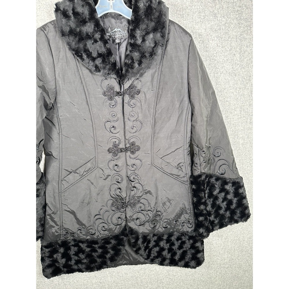 Montana Co Womens Small Jacket Coat Black Faux Fur Chic Embroidered - Picture 10 of 13